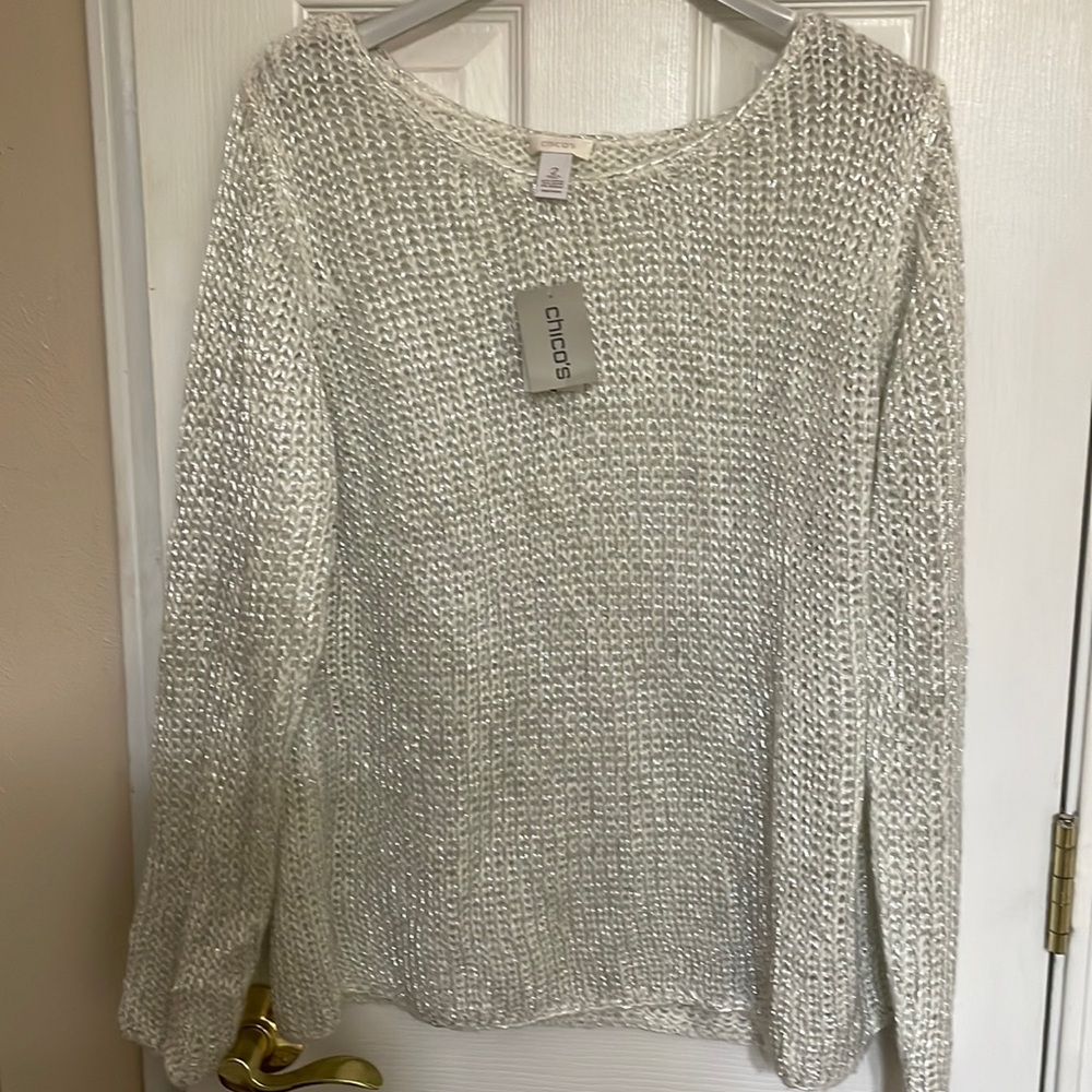 Chicos silver cream sweater NWT 2 (L or 12)